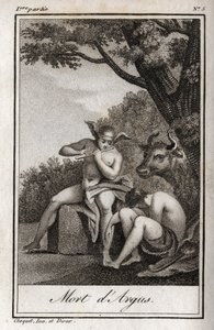 Merkur und Argus. Tod des Argus: Merkur spielte Flöte, um Argus einzuschläfern und die Nymphe Io zu befreien, die in eine Kuh verwandelt worden war. Gravur von 1819 in „Lettres a Emilie sur la mythologie“ von Charles Albert Demoustier (1760-1801)