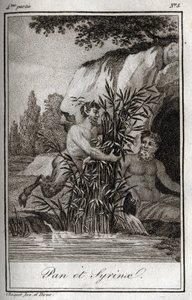 Pan und die Nymphe Syrinx, die in Schilfrohr verwandelt wird. Gravur von 1819 in „Lettres à Emilie sur la mythologie“ von Charles Albert Demoustier (1760-1801). Private Sammlung