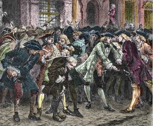 Paris IV. Arrondissement - Die Rue Quincampoix im Jahr 1720 zur Zeit des Systems von John Law (1671 - 1729) - Ansicht der Rue Quincampoix mit den Spekulanten zur Zeit des Systems von John Law
