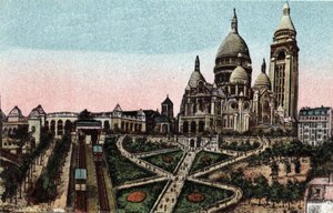 Paris: Standseilbahn und Basilika Sacré-Cœur auf dem Montmartre-Hügel. Fotografie von 1920 im „Künstlerischen Album“ der Stadt Paris. Private Sammlung.