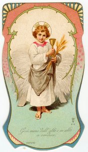 Andachtsbild: Jesus kommt von oben und führt uns nach oben (Chromolithographie)