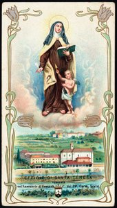 Andachtsbild: Darstellung der Heiligen Therese von Jesus oder Avila (1515-1582), spanische Mystikerin und Karmelitin. Chromolithographie. Private Sammlung