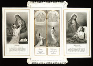 Andachtsbild: Beharrlichkeit, Liebe zu Jesus und Maria, das Heilige Verlangen nach dem Paradies, der Gute Tod. Gezackte Karte im Triptychon. 19. Jahrhundert. Private Sammlung von Anonymous Anonymous