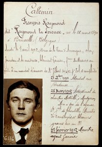 Polizeiblatt von Raymond Callemin, genannt Raymond la Science (1890-1913), Komplize von Jules Bonnot (Bande à Bonnot) mit der Liste seiner Verbrechen