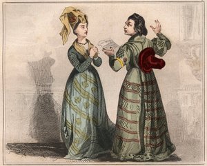 Porträt von Alain Chartier, französischer Diplomat und Schriftsteller (1385-1433), mit einer Dame des Hofes von Karl VI. Gravur von 1859 in „Le Monde. Geschichte aller Völker von den frühesten Zeiten bis zur Gegenwart“ von M. E. de Lostalot Bachoue (Lostal von Anonymous Anonymous
