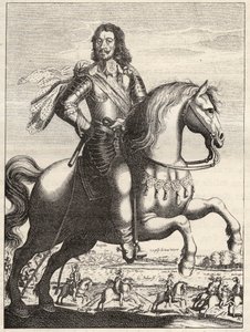 Porträt von Bernhard von Sachsen-Weimar (1604-1639) mit der Darstellung der Gefangennahme von Johann von Werth durch Herzog Bernhard und Herzog von Rohan. Gravur aus dem 17. Jahrhundert. Privatbesitz von Anonymous Anonymous