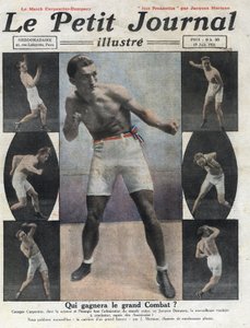 Porträt des französischen Boxers Georges Carpentier, der gegen den amerikanischen Boxer Jack Dempsey um den Weltmeistertitel kämpfen wird. Illustration aus „Le petit journal illustré“ vom 19.06.1921. Private Sammlung