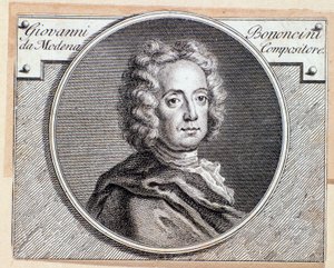 Porträt des italienischen Barockkomponisten und Cellisten Giovanni Battista Bononcini. Gravur. 18. Jahrhundert.