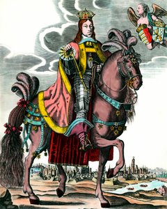 Porträt von Leopold I., Heiliger Römischer Kaiser - Reiterporträt von Leopold I. (1640 - 1705) König von Ungarn, Böhmen, Dalmatien, Kroatien und deutscher Kaiser. Gravur aus dem 17. Jahrhundert. Private Sammlung