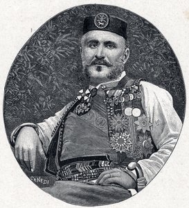 Porträt von Nikolaus I. von Montenegro (Nikola I Petrovic-Njegos) (1841-1921), Fürst von Montenegro und den Berda. Gravur in „Les Missions Catholiques au XIXeme Siecle“ von Louis-Eugene Louvet. Private Sammlung