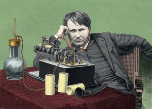 Porträt von Thomas Edison (1847-1931), amerikanischer Physiker, mit seinem Phonographen. Gravur um 1900 von Anonymous Anonymous