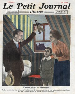 Porträt des Schauspielers Charlie Chaplin auf Reisen nach London, besucht sein ehemaliges Zimmer, er schenkt dem Kind der Familie eine kleine Charlot-Puppe. Illustration aus „Le petit journal illustré“ vom 23.09.1921. Private Sammlung