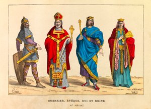 Porträts und Kostüme eines Kriegers, eines Bischofs, eines Königs und einer Königin im 6. Jahrhundert, Gravur - Private Sammlung