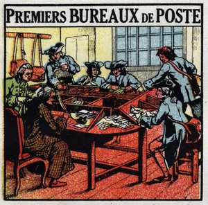 Postamt: erste Postämter in Paris im 18. Jahrhundert. Anonyme Illustration von 1925. Private Sammlung.