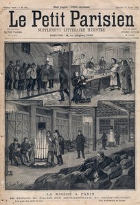 Armut in Paris: das Asyl des Palais des arts-libéraux im Marsfeld - an der Tür eines Asyls - eine Suppenausgabe. Gravur in „Le petit Parisien“ von 1891. Private Sammlung. von Anonymous Anonymous