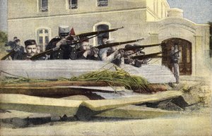 Portugiesische Revolution: Barrikade auf einer Straße in Lissabon. Gravur. Aus der Zeitung „Le petit parisien“ am 23.10.1910. Private Sammlung.