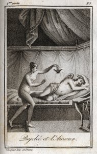 Psyche und Amor. Gravur von 1819 in „Lettres a Emilie sur la mythologie“ von Charles Albert Demoustier (1760-1801). Private Sammlung