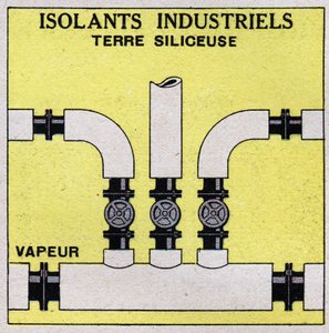 Strahlung und Leitfähigkeit: industrielle Isolierung. Wir umgeben die Rohre mit Kieselerdeziegeln. Anonyme Illustration von 1925. Private Sammlung.