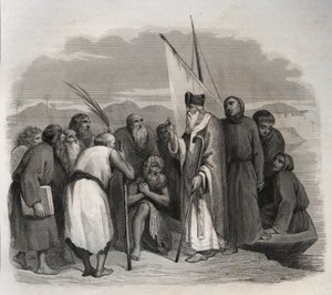 Saint Athanasius von Alexandria (Athanasius der Große) (295-373) besucht die Einsiedler Ägyptens. Gravur von 1846 in „Lives of the saints“. Private Sammlung. von Anonymous Anonymous