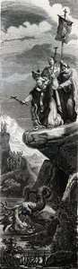 Saint Front (erster Evangelisierer des Perigord) (3. Jahrhundert) stürzt den Drachen in die Dordogne - Gravur von 1846 in „Leben der Heiligen“. Private Sammlung. von Anonymous Anonymous
