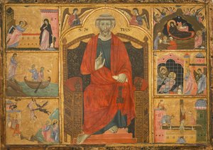 Der heilige Petrus auf einem Thron, umgeben von biblischen Szenen