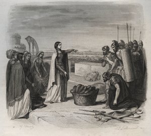 Die heilige Genoveva verteilte während der Belagerung von Paris durch die Armee der Hunnen von Attila im Jahr 451 (barbarische Invasionen) Nahrung an die Menschen. Gravur von 1846 in „Lives of the saints“. Private Sammlung