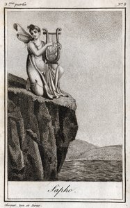 Sappho (7. Jahrhundert v. Chr.), griechische Dichterin der Antike. Gravur aus 1819 in „Lettres à Emilie sur la mythologie“ von Charles Albert Demoustier (1760-1801). Private Sammlung von Anonymous Anonymous