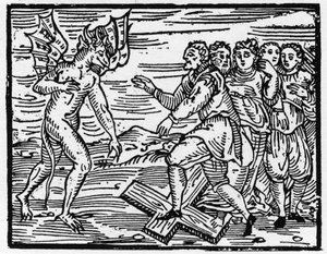 Satan zwingt seine zukünftigen Jünger, auf dem Kreuz zu gehen - „Compendium Maleficarum“, behandelt Hexen, ihre Bosheit und ihre Zauberei von Francesco Maria Guazzo (1608) Private Sammlung von Anonymous Anonymous