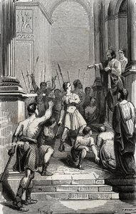 Saturnin von Toulouse (Saint Sernin, erster christlicher Bischof von Toulouse) (3. Jahrhundert) wurde am Kapitol von Toulouse festgenommen - Gravur von 1846 in „Lives des saints“. Private Sammlung. von Anonymous Anonymous