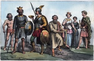 Sächsischer Krieger und Angelsachsen - Sächsischer Krieger und die Angelsachsen - Gravur aus „Usi e Costumi di Tutti i Popoli dell
