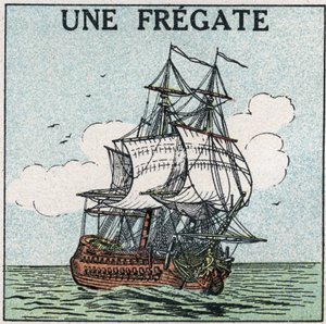 Schiffe und Schiffe: eine Fregatte. Anonyme Illustration von 1925. Private Sammlung.