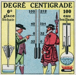 Temperatur und Ausdehnung: Grad Celsius. Vergleich zwischen Grad Fahrenheit und Grad Celsius. Anonyme Illustration von 1925. Private Sammlung. von Anonymous Anonymous