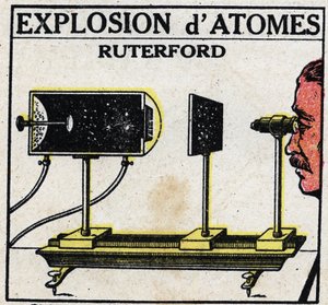 Das Atom und die Wissenschaft: Explosion von Atomen durch Ernest Rutherford. Anonyme Illustration von 1925. Private Sammlung.