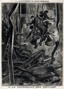 Das Unglück im Couchoud-Schacht: Retter suchen nach Opfern in einer der Minen der Peronniere bei Grand Croix in der Nähe von Saint Etienne. Gravur. In "The Little Parisien"