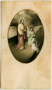Die Eucharistie, Heilige Kommunion, das Sakrament des Altars: ein Kind vor Jesus (Gravur)