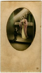 Die Eucharistie, Heilige Kommunion, das Sakrament des Altars: ein Kind vor Jesus (Gravur)