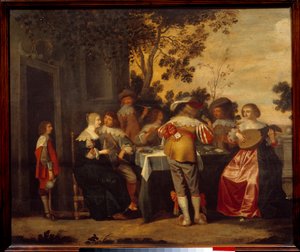 Die galante Szene Kartenspiel mit Paar von Spielern und Musikern. Anonymes Gemälde