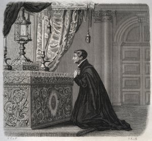 Der italienische Jesuit Louis de Gonzague (San Luigi Gonzaga) (1568-1591) im Gebet. Gravur von 1846 in „Lives of the saints“. Private Sammlung von Anonymous Anonymous