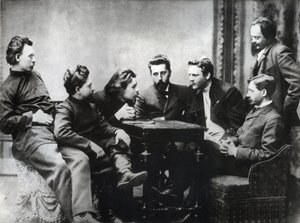 Die Moskauer Literarische Sreda - Mitglieder des literarischen Kreises Sreda, gebildet in der zweiten Hälfte der 1890er Jahre von russischen realistischen Schriftstellern - Porträts russischer Intellektueller der literarischen Gruppe Znanie: von links nach