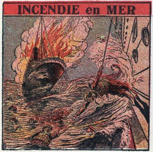 Die T.S.F.: Feuer auf See. Die T.S.F. wird von Schiffen verwendet, um bei einem Schiffswrack um Hilfe zu rufen. Anonyme Illustration von 1925. Private Sammlung.