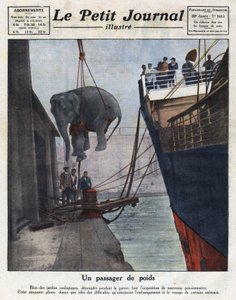 Die Ankunft eines Elefanten per Boot, der von einem zoologischen Garten nach dem Krieg erworben wurde. Illustration aus „Le petit journal illustrious“ vom 20.11.1921. Private Sammlung von Anonymous Anonymous
