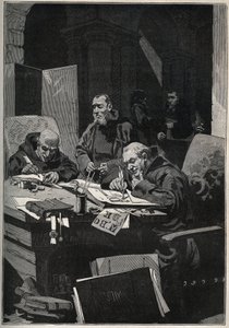 Der Chrysograph: Mönche, die im Mittelalter goldene Buchstaben illuminieren. Gravur von 1885 in „Les arts et métiers illustrés“ von Adolphe Bitard.