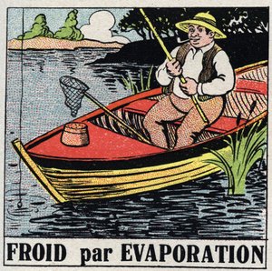 Die Kälteindustrie: Kälte durch Verdunstung. Ein Fischer in seinem Boot bleibt kühl dank der Verdunstung des Flusswassers. Anonyme Illustration von 1925. Private Sammlung. von Anonymous Anonymous