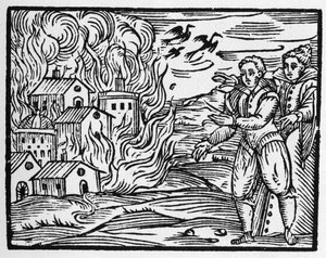 Der Fluch der Zauberer, die die Stadt verbrennen - „Compendium Maleficarum“, behandelt Hexen, ihre Bosheit und ihre Zaubersprüche von Francesco Maria Guazzo oder Guaccio oder Guaccius (15?? -16??) 1608 Private Sammlung von Anonymous Anonymous