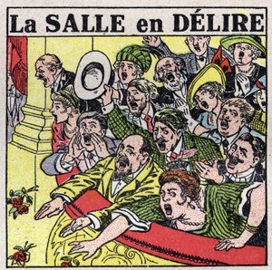 Die Wirkung der Musik: Zuschauer eines Theaters, die ihre Freude mit Rufen, Applaus und Blumen ausdrücken. Anonyme Illustration von 1925. Privatsammlung.