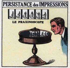 Das Auge: Persistenz der Eindrücke. Das Praxinoskop. Anonyme Illustration von 1925. Private Sammlung.