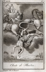 Der Sturz des Phaeton (Phaethon), unfähig, den Wagen des Helios zu kontrollieren, wurde von Zeus getroffen und fiel in den Eridanus-Fluss. Gravur von 1819 in „Lettres à Emilie sur la mythologie“ von Charles Albert Demoustier (1760-1801). Private Sammlung
