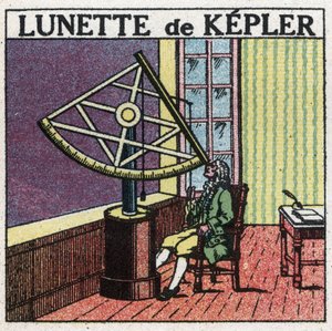 Die ersten optischen Instrumente: Astronomisches Fernrohr von Johannes Kepler (1571-1630) um 1615 erfunden. Anonyme Illustration von 1925. Private Sammlung.