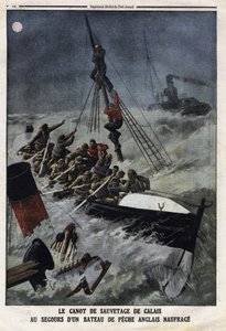 Das Rettungsboot von Calais rettet ein sinkendes englisches Fischerboot. Gravur in „Le Petite Journal“, am 11.02.1912. Private Sammlung. von Anonymous Anonymous