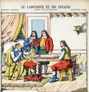 Der Pflüger und seine Kinder. Illustration für Les Fables von Jean de La Fontaine (1621-1695).